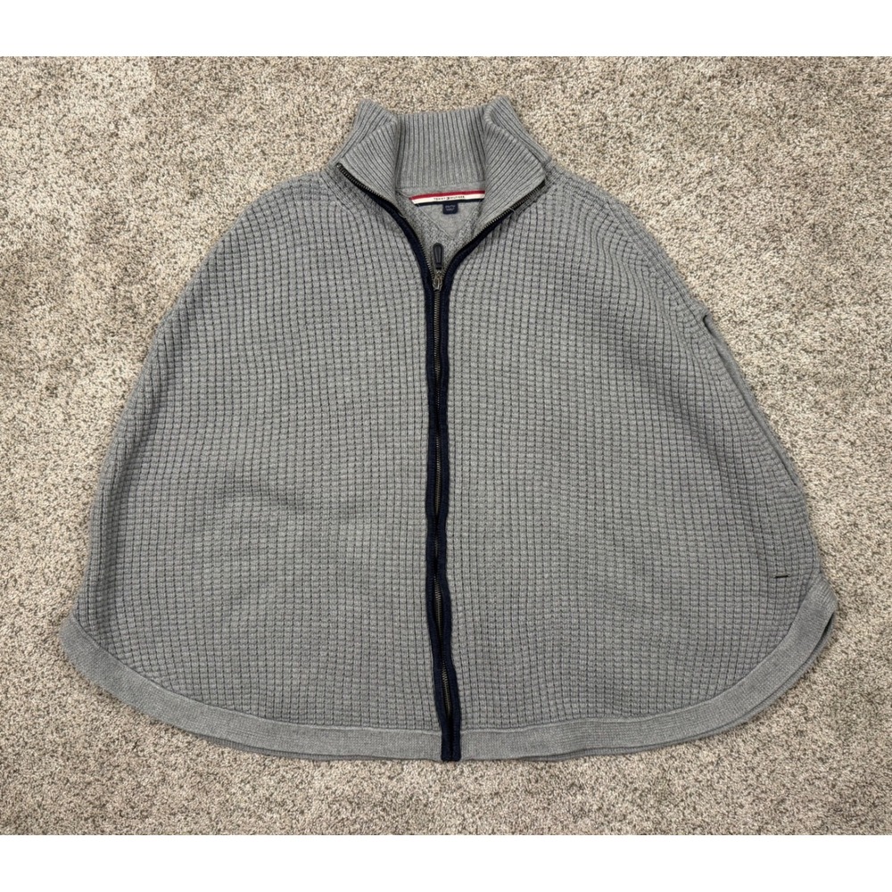 Tommy Hilfiger Womens Gray‎ Full Zip Waffle Knit Poncho Sweater OSFM Mock Neck